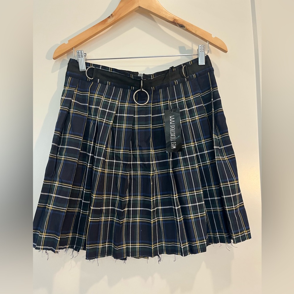 NWT Dolls Kill Current Mood Plaid Pleated Mini Skirt Punk Goth Grunge Rave Sz L - Picture 2 of 11